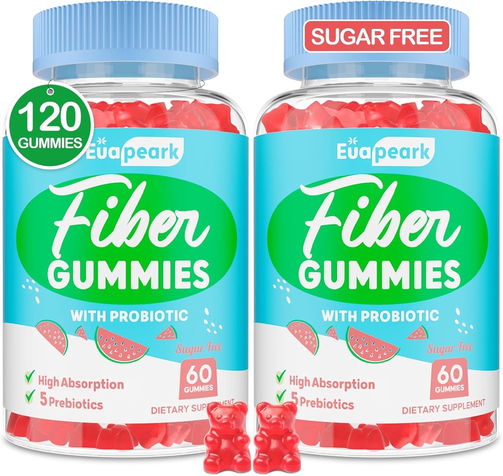 2 pakker - Fibergumier for voksne, Sukker Free Probiotika & Prebiotic Fiber Gummies, med Inulin, Fos & Chicory Root - for regelmæssighed, fordøjelse & Gut Health - Vegan, Gluten Free, 120 Counts