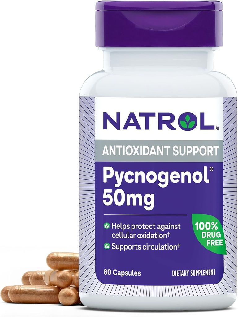 Natrol Pycnogenol kapsler, Antioxidant Protection, Supplement Beskytter mod cellular oxidering og aldersrelaterede skader, European Maritime Pine Bark Extract, Understøtter cirkulering, 50 mg, 60 Greve