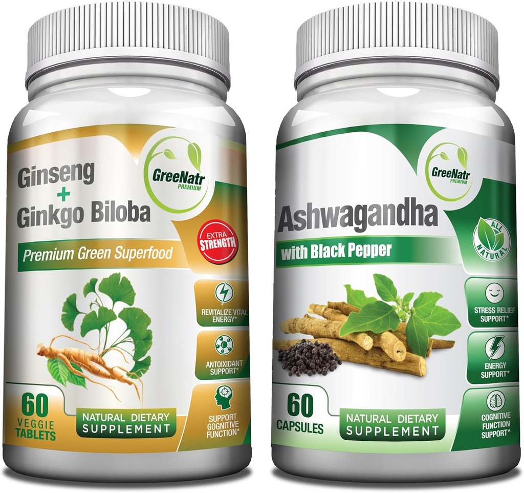 GreeNatr Premium Bundle for holistisk Well- Being: Organic Ashwagandha Kapsler, med Black Pepper til Stress Relief, Plus Ginseng + Ginkgo Biloba Tablets, en traditionel Energy Booster.
