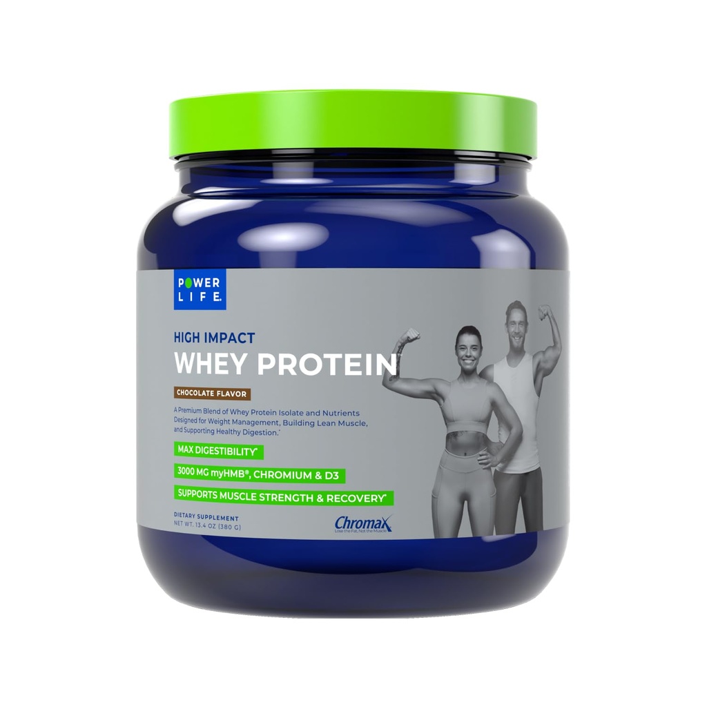 POWERLIFE High Impact Grass Fed Whey Protein med 3000 MG HMB, Ingen sukker tilsat, non-GMO, Hormone og Antibiotic Free, 15 Servere (Chokolade - Ny Formel)
