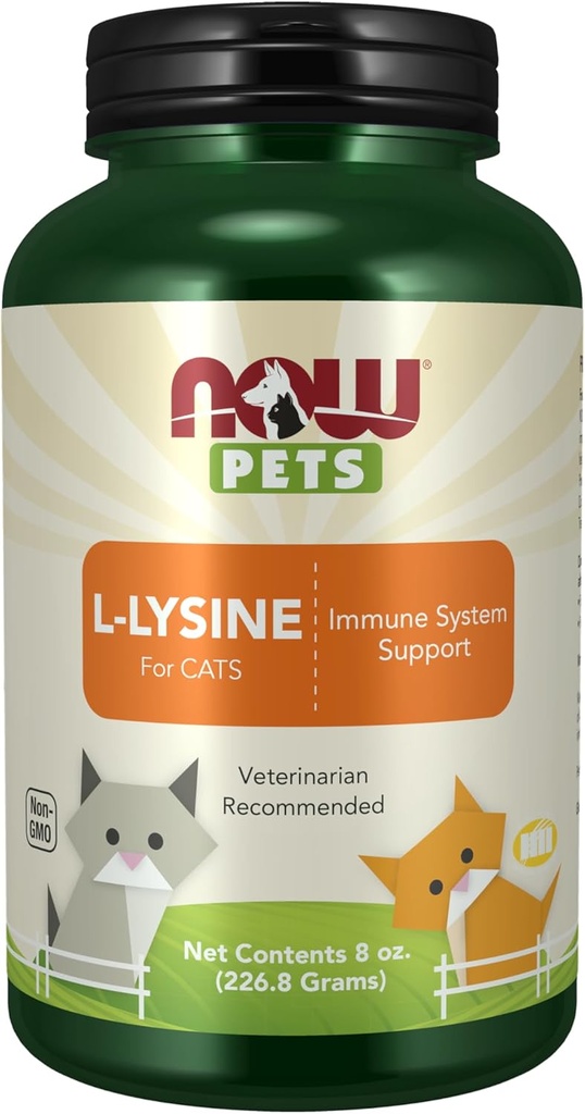 Now Pet Health, L- Lysin Supplement, Powder, Formuleret til katte, NASC Certified, 8-Ounce