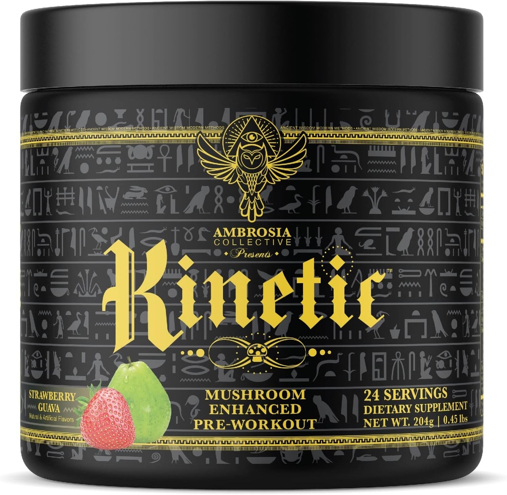 Ambrosia Kinetic Organic Preworkout, Mushroom Forbedret Natural Pre Workout Supplement, Nootrop Superfood Powder for Energy (Strawberry Guava)