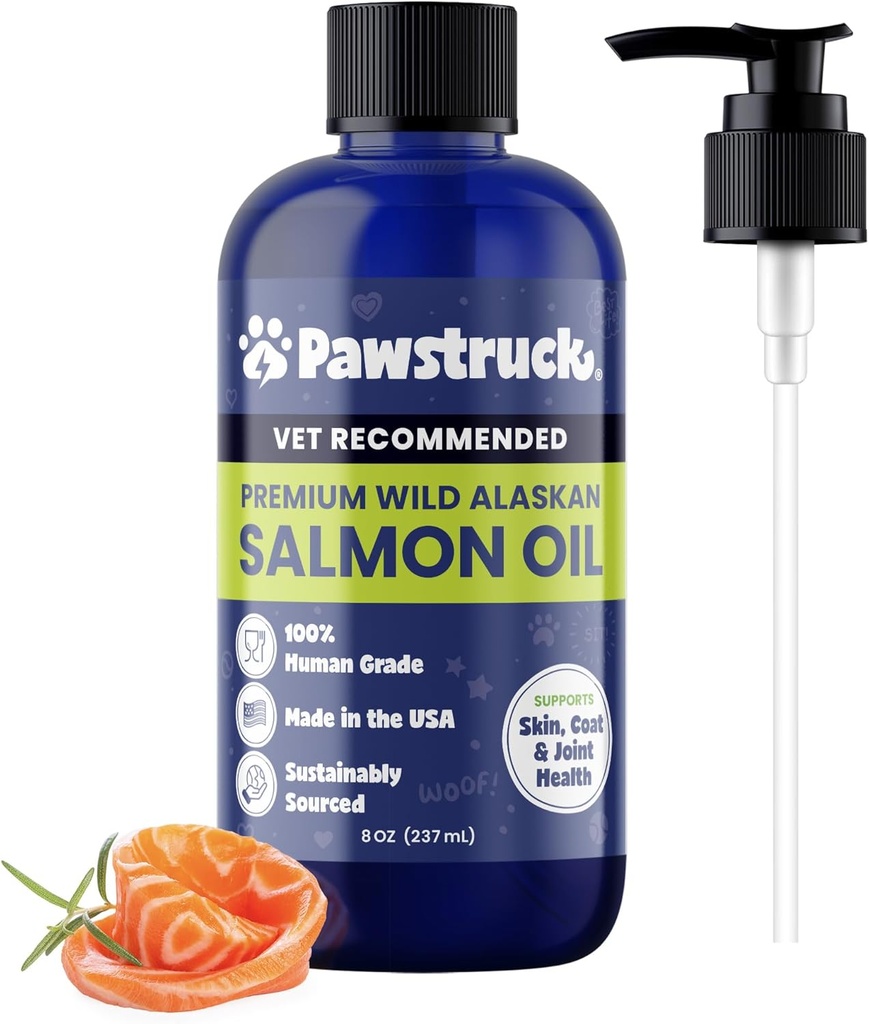 Pawstruck Pure Human- Grade Wild Alaska Salmon Oil for Dogs & Cats - Omega 3 & 6, Ekstra styrke supplement, EPA DHA fedtsyrer til immunforsvar