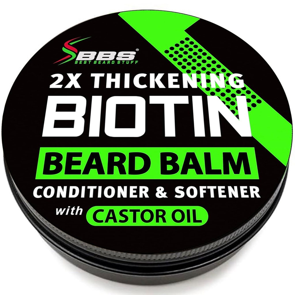 Biotin Beard Balm for Mænd - 2X Tykning til skæg og overskæg - Økologisk Mustache Voks med Castor Oil & Meadowfoam - Hydrating Ansigtsøvækst Balm & Leave-In Conditioner