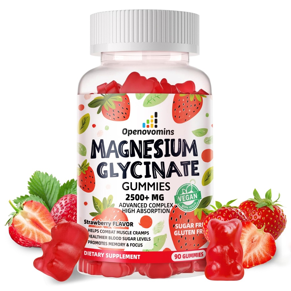 Magnesium Glycinat Gummies 2500mg - Sugar Free Magnesium Kalium Supplement med D-vitamin, B6, CoQ10 for Calm Mood & Sleep Support - 90 Jordbær Gummies