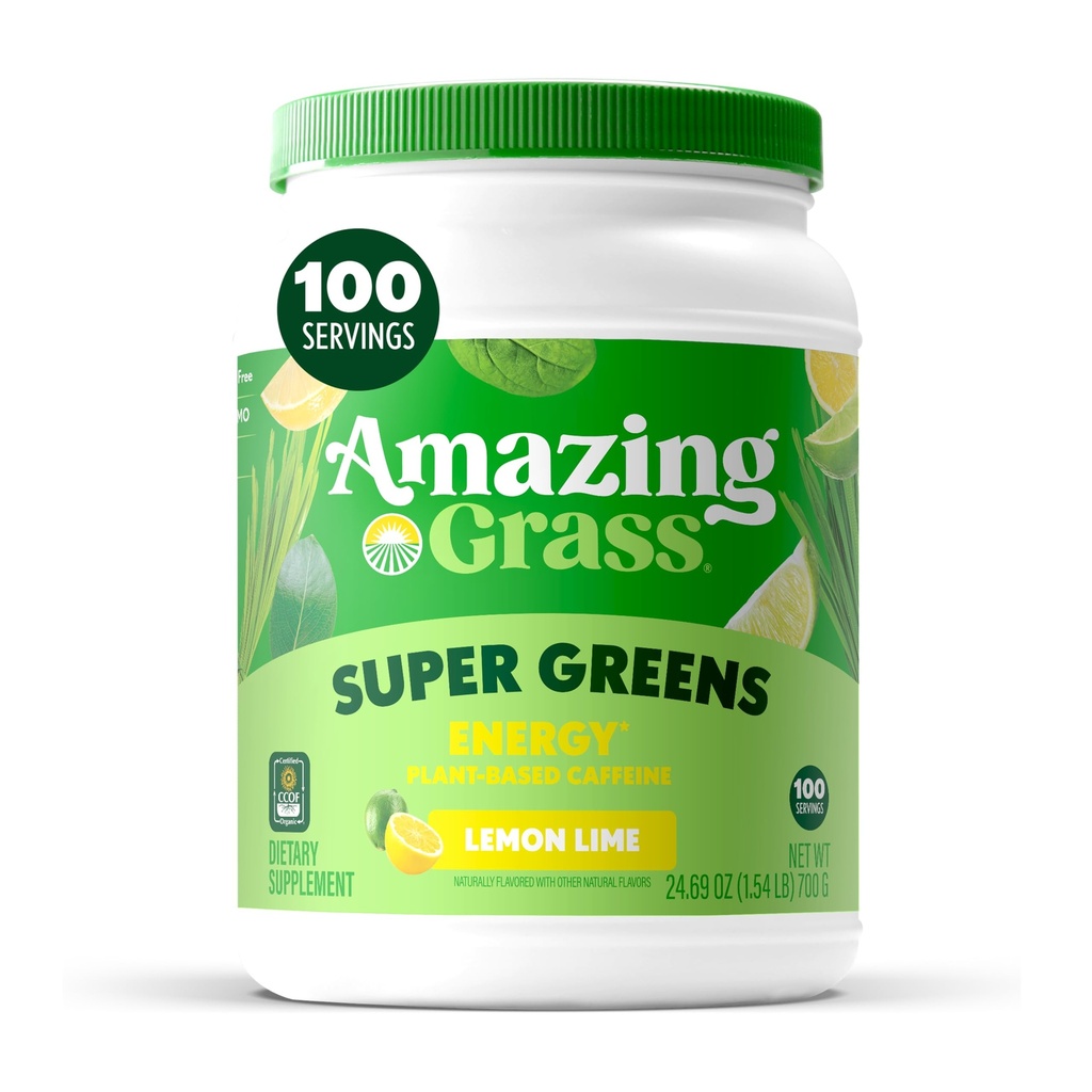 Amazing Grass Green Superfood Energy: Super Green Powder & Plant baseret koffein med grøn te, Beet Root Powder & Hørfrø, Lemon Lime, 100 Servere (Packaging May Vary)