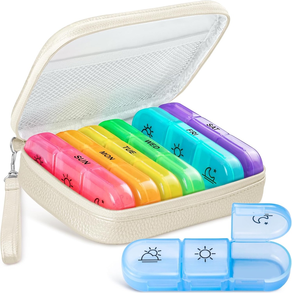 Cute Pill Organizer 3 gange om dagen, Stor Daglig Pill sag for kvinder, Bærbar Pill Box 7 dag for purse med pose & lynlås til at holde vitaminer, Medicin, fiskeolier, Kosttilskud (Beige)