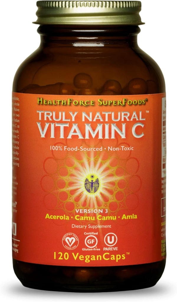 MENNESKELIGE SUPERFODS Truly Natural Vitamin C - Immun Support Supplement med Camu Camu Berry - Vitamin C tillæg for immunsundhed - Vegan, ikke-GMO - 120 Vegan Caps, 15 Servere