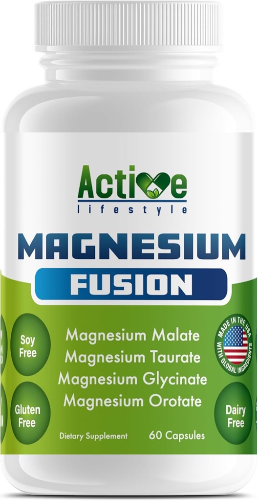 Active Lifestyle 4X Magnesium Supplement, Magnesium Glycinate, Taurat, Malat, Oroter Complex, Calm Sleep, Gluten Free, Soy Free, Dairy Free, Lab Testet, Made in USA