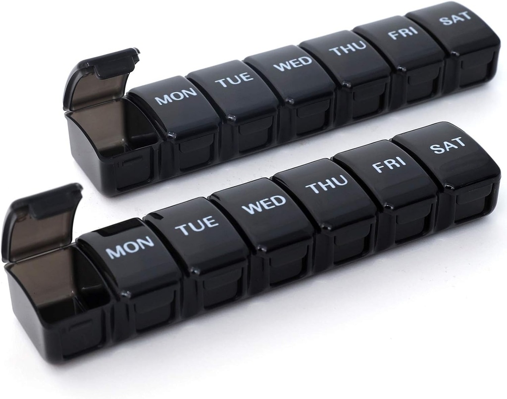 2 pakker små ugentlige pillearrangører, Pocket Daily Pill Case Pill Box til piller / Vitamin / Fish Oil / Kosttilskud (sort)