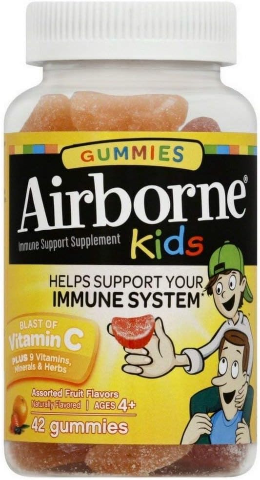 Airborne 500mg C-vitamin + Zink immunforsvar Support Gummies for Kids, Assorted Fruit Flavor, Gluten Free Crafted Blend med stærke antioxidanter Vitaminer C & E, 42 Gummies (4 Pack)