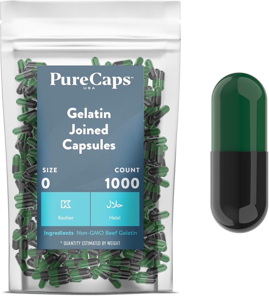 PureCaps USA - Tomme Gelatine kapsler Størrelse 0 = 124; 1.000 Forenede Pills - 124; Grøn / Sort - 124; Non- GMO Certificeret
