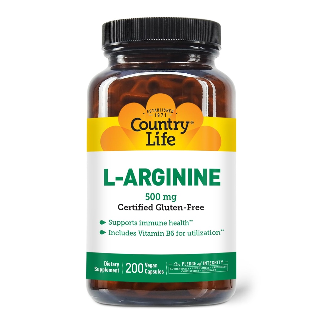 Country Life L- Arginin Caps med vitamin B- 6, 500mg, 200 Vegankapsler, Certificeret Gluten Free, Certificeret Vegan