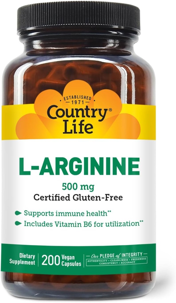 Country Life L- Arginin Caps med vitamin B- 6, 500mg, 200 Vegankapsler, Certificeret Gluten Free, Certificeret Vegan