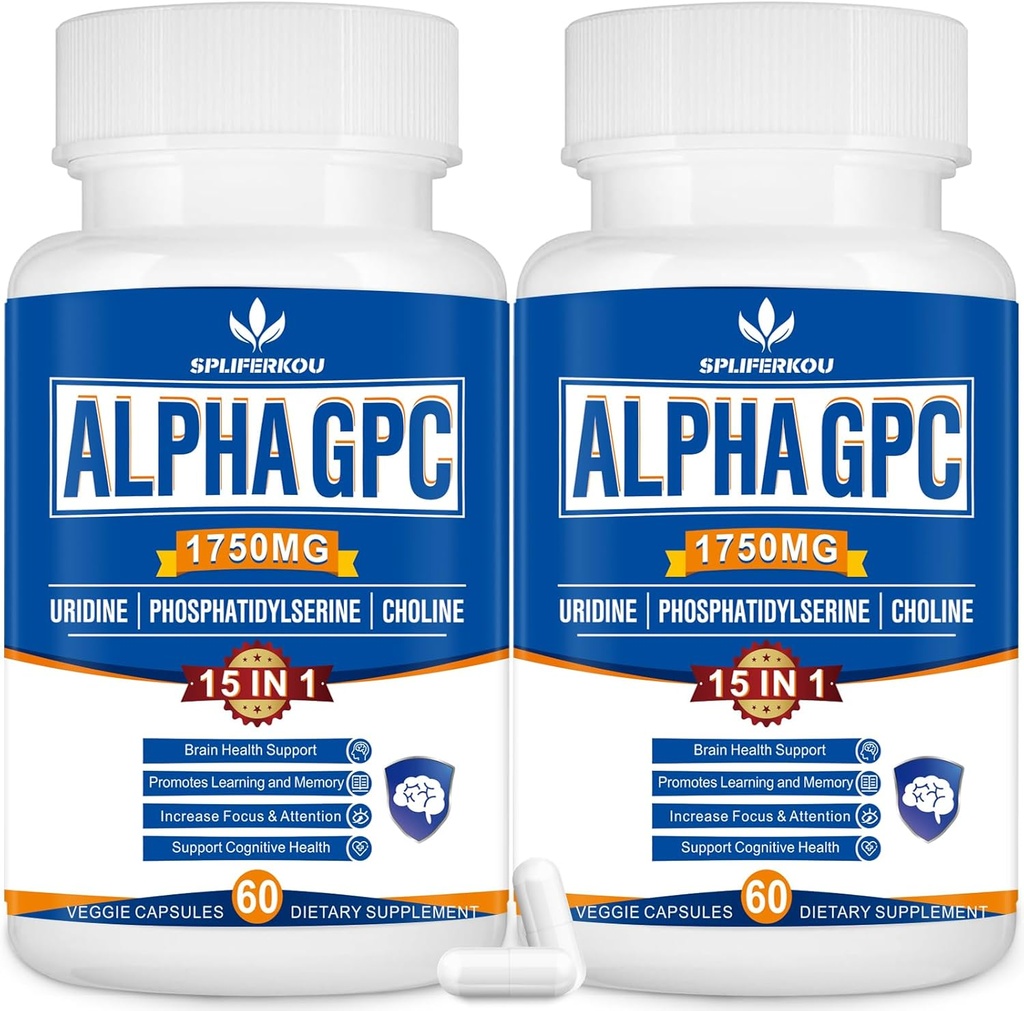 15-in-1 Alpha GPC tillæg med Phosphatidylserin, Uridin, L- Theanine, Lions Mane Mushroom, 120 Kapsler