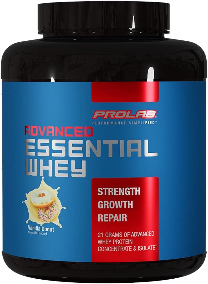 ProLab Advanced Essential Whey Protein Powder, Whey Concentrate & Isolate Blend, 21g Protein, BCAAs, Digestive Enzymes, Muscle Support & Recovery(Vanilla Donut)