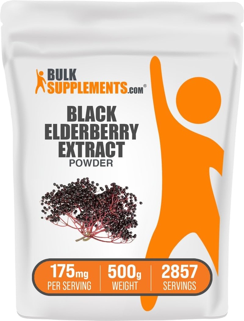 BulkSupplements.com Elderberry Extract Powder - Hyldebær Sourced fra Black Elderbry, immunsupporttillæg - Gluten Free - 175mg per Serving, 500g (1.1 lbs) (Pack of 1)