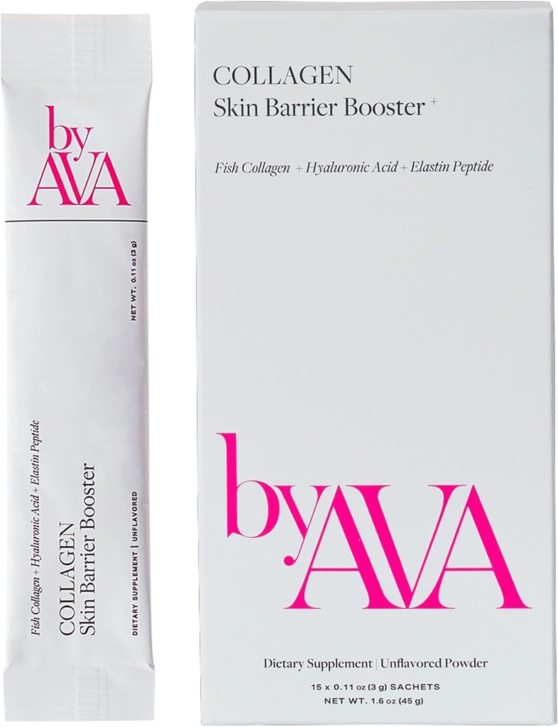 byAVA Marine Collagen Powder Skin Barrier Booster Budding124; Unflavored Fish Collagen Peptider med Elastin, Hyaluronsyre, Biotin & C-vitamin; 15 Travel Stick Pakker