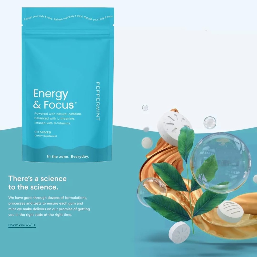 Energy Coffein Mints (90), Sugar- Free, Vegan, Gluten- Free, Pebermynte. Øger fokus, Endurance med L- Theanin, Koffein, B12 & B6. Hurtig skuespil, Pocket- Sized for Quick Energy.