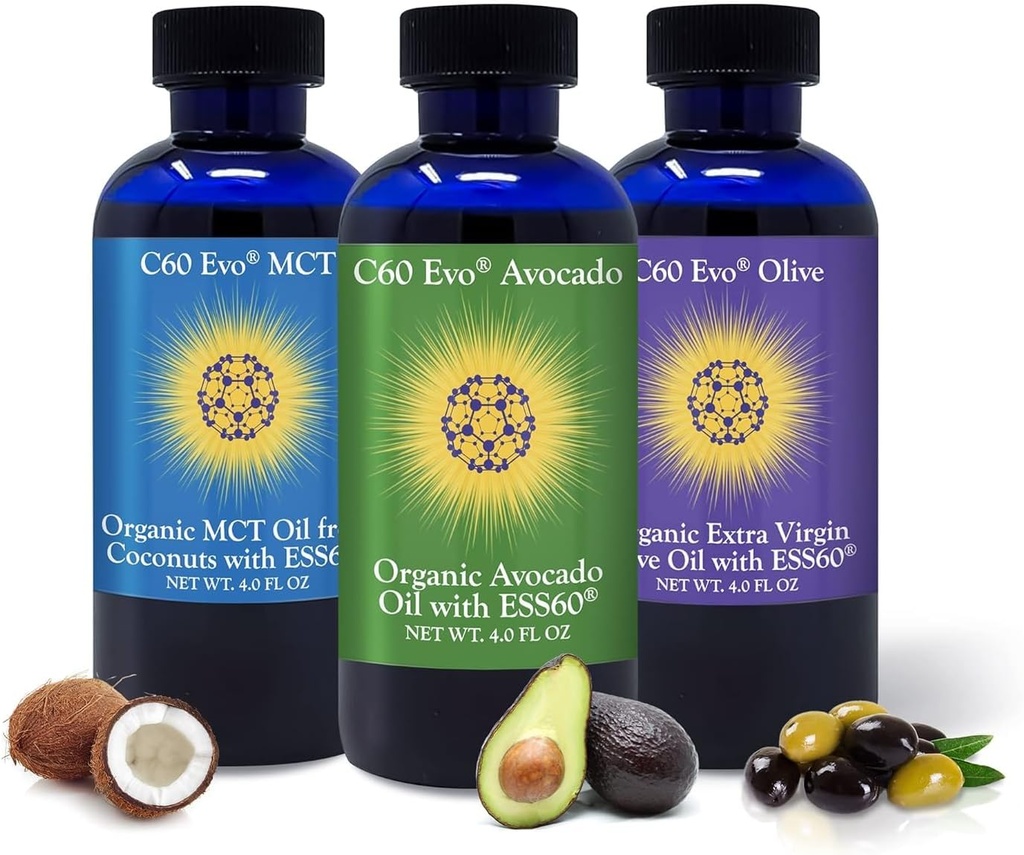 All-Natural Edible Oils, 4oz Sampler Set with Pure C60 ESS60, Immune Support and Joint Support Supplement with Olive Oil, Avocado Oil & MCT Coconut Oil, Set of 3, 4 oz