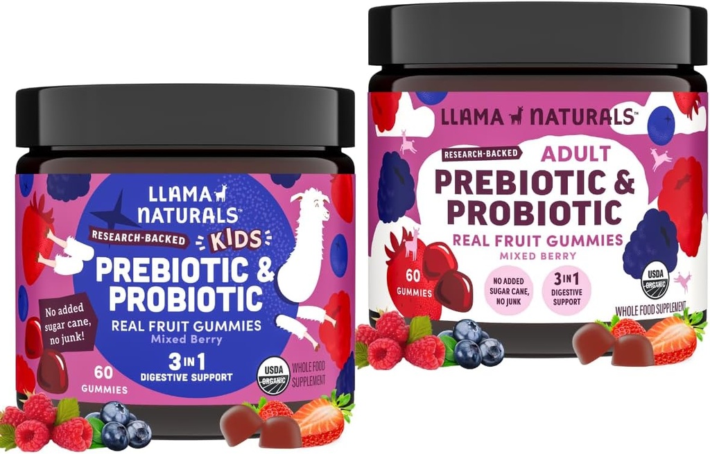 Llama Naturals Kids Pre & Probiotic Gummies + Adult Pre & Probiotics Bundle | No Added Sugar Cane | Vegan | Organic | Mixed Berry Flavor | 2 Bottles