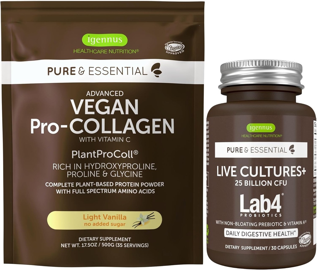 Levende kulturer + Lab4 Probiotika + Vegan Vanilla Collagen Protein Powder Vegan Bundle, Complete Collagen Boosting Formel + 25 Millioner CFU Probiotisk med non-Bloating Prebiotic, ved Igennus