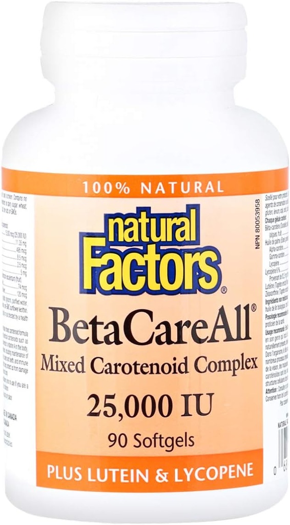 Naturlige faktorer, BetaCareAll 25.000 IE, vitamin A for sund hud, Vision og immunfunktion, 90 Softgels