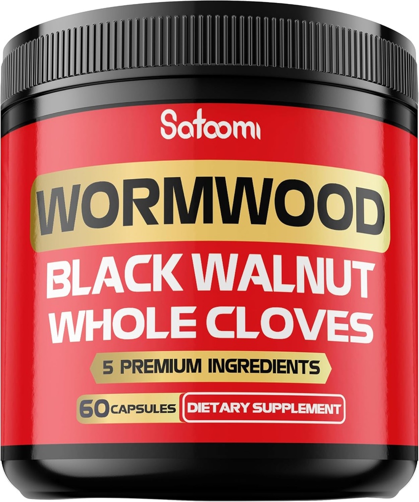 Satoomi 5 in 1 Wormwood Capsules Supplement - Extracted from Black Walnut, Whole Cloves, Turmeric and Berberine HCl - Immune System & Digestion Health - 60 Capsules