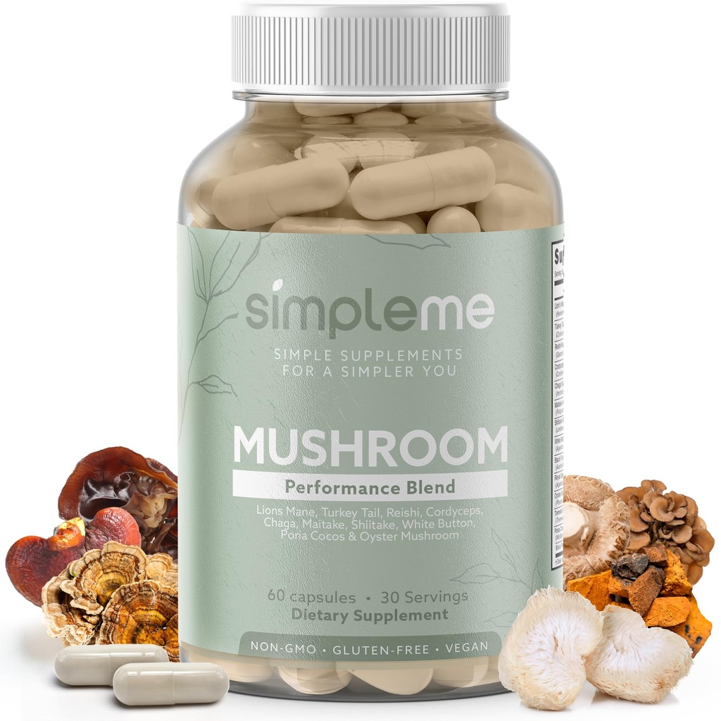 Simple Multi- Mushroom Supplement - Kompleks til hjerne, immunforsvar, Nootropics - Performance Blend med Lions Mane, Tyrkiet Tail, Reishi, Cordyceps, Chaga, Maitake, Shiitake, og mere - 60 kapsler
