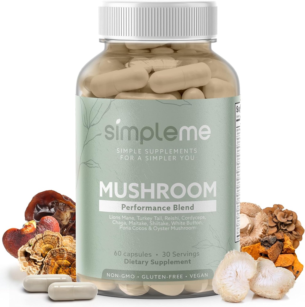 Simpleme Multi-Mushroom Supplement - Complex For Brain, Immune Support, Nootropics - Performance Blend with Lions Mane, Turkey Tail, Reishi, Cordyceps, Chaga, Maitake, Shiitake, and More - 60 Capsules