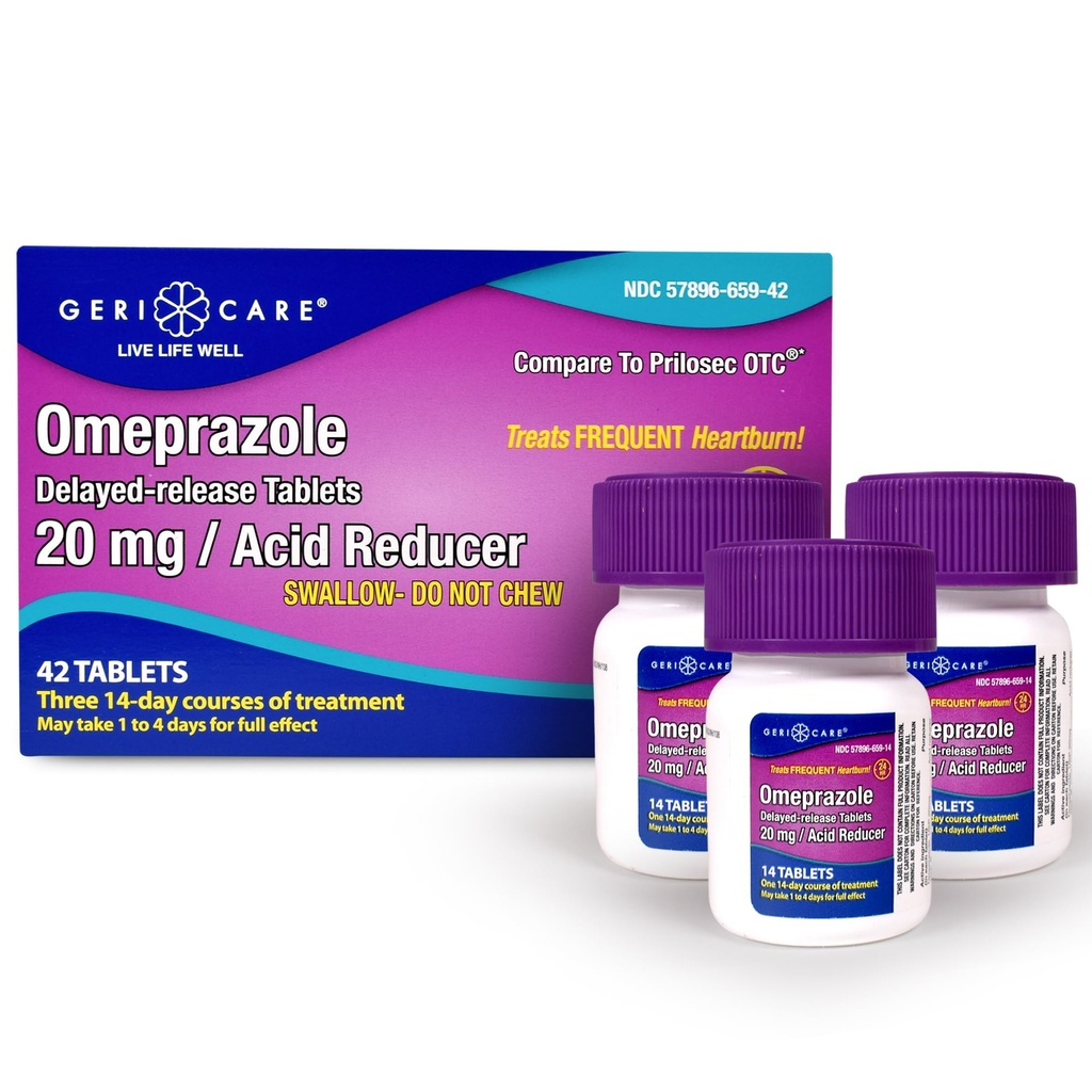 GeriCare Omeprazol Delayed Release Tablets 20mg Mavesyrereducerende piller til 24 timers Heartburn Relief- Acid Reflux Medicine to Treat Frequent Heartburn - Anti- Acid Relief Tablets (42 Tæl)