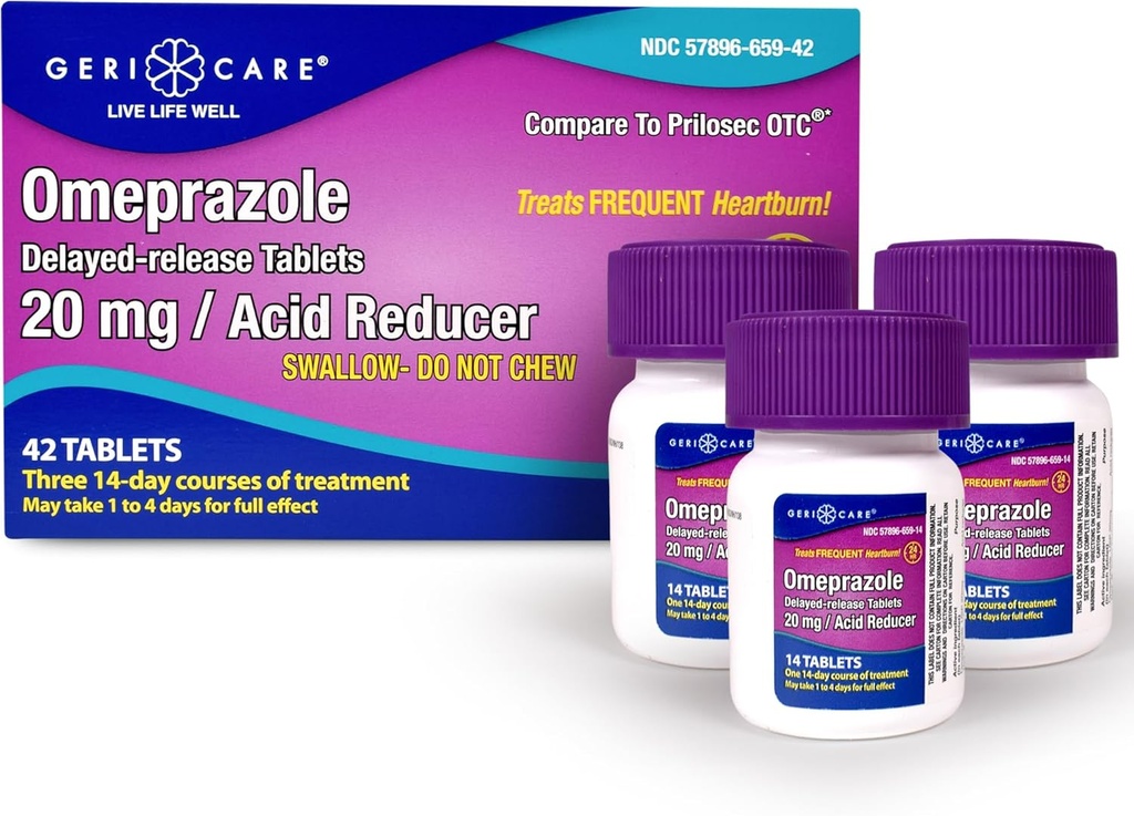 GeriCare Omeprazol Delayed Release Tablets 20mg Mavesyrereducerende piller til 24 timers Heartburn Relief- Acid Reflux Medicine to Treat Frequent Heartburn - Anti- Acid Relief Tablets (42 Tæl)