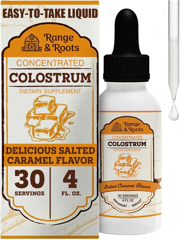 Range & Rødder Colostrum Supplement - Flydende Bovine Colostrum - Alternativ til Colostrum Powder - Support Gut Sundhed, Immunitet, Energi - Sunde hår, hud & negle - Saltet Caramel Flavor (30 Servere)