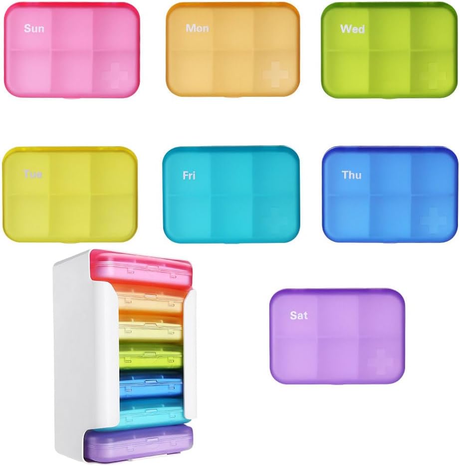 7 Piece Set Pill Organizer 6 gange om dagen, Ugentlig Pill Case, Pill Organizer med etiketter, Travel Pill Dispenser 7 dag med 42 kopier til Medicin / Vitamin / Fish Oil / Kosttilskud - Rainbow Farver