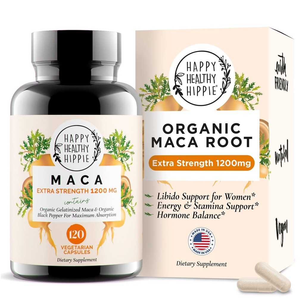 Organic Maca Root Capsules 1200 mg - Libido Booster for Women Fast Actioning & Potent - 124; Afrodisiac Supplement 124; Energipiller fra Peru - 124; Inkluderer sort peber til høj Absorption 124; Vegan, 120 Ct