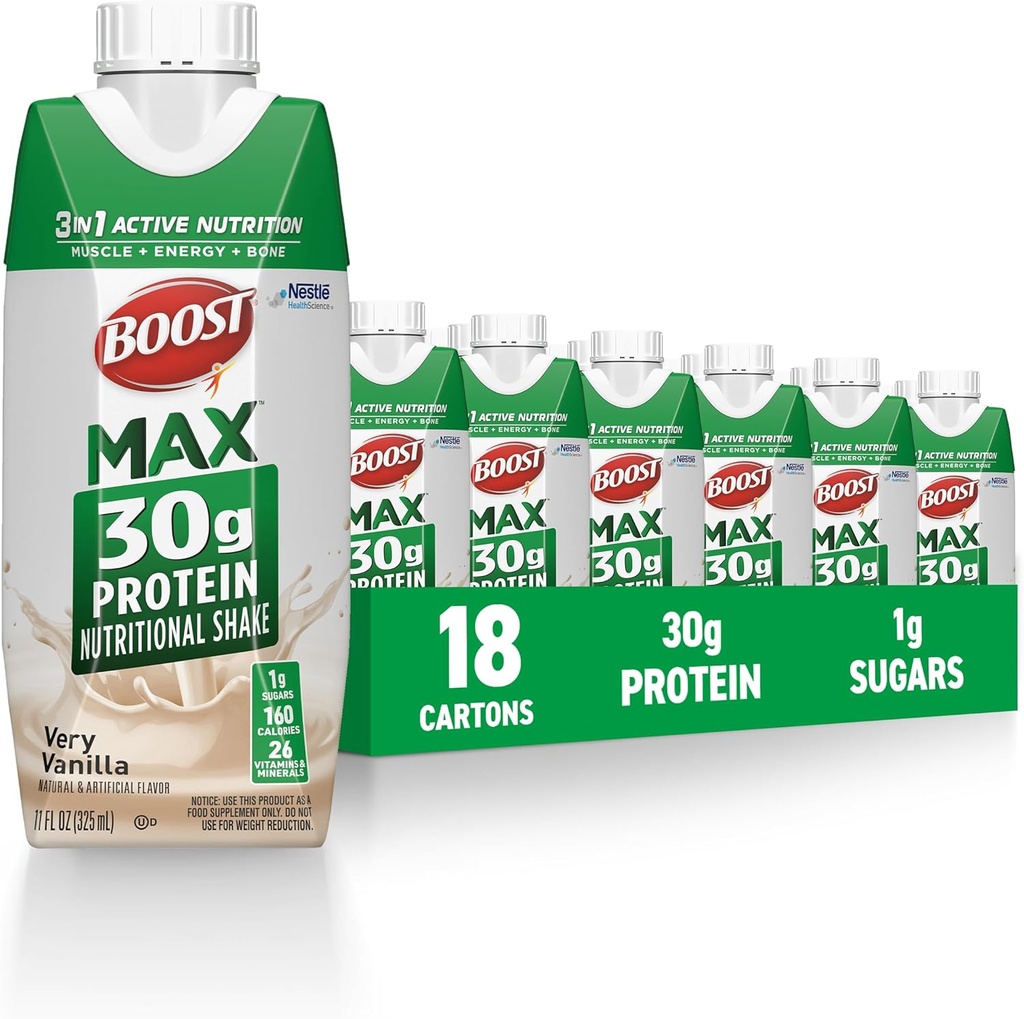 BOOST MAX Protein Shakes Klar til at drikke - 30g High Protein Shake - Vanilla • 124; Ernæringsdrikke til støtte muskel inddrivelse Efter øvelse, 26 Vitamin & Min, 1g Sukker, 11 fl oz (Pack of 18)