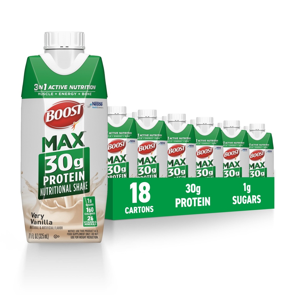 BOOST MAX Protein Shakes Klar til at drikke - 30g High Protein Shake - Vanilla • 124; Ernæringsdrikke til støtte muskel inddrivelse Efter øvelse, 26 Vitamin & Min, 1g Sukker, 11 fl oz (Pack of 18)