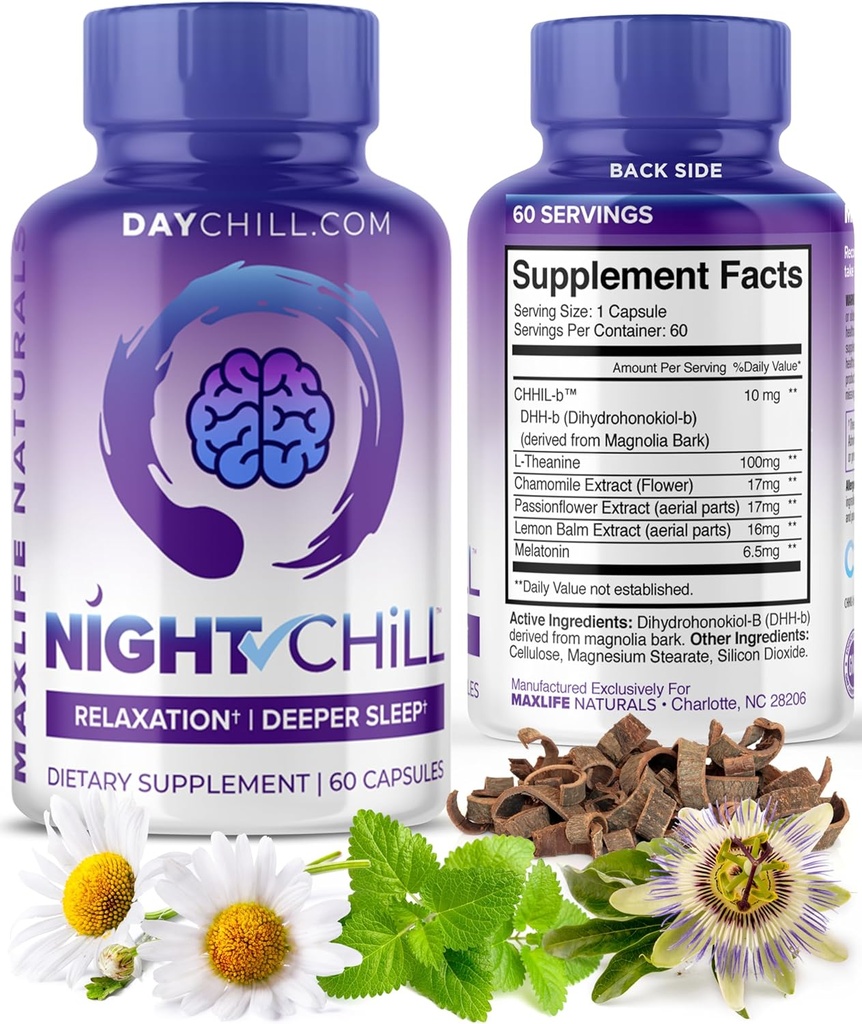 Night Chill Sleep Supplement - 60 Kapsler - Restainable Sleep Support med DHH- B fra Magnolia Bark og L- Theanine Supplement - Stress Calm Mood Support - Sovepiller til voksne af MaxLife Naturals