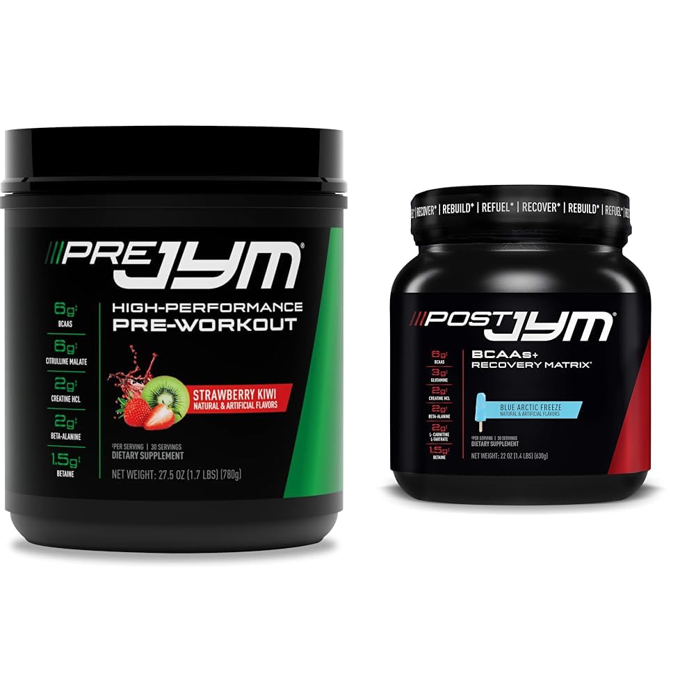 JYM Supplement Science PRE JYM 30 Servering - Strawberry Kiwi & Post- Workout med BCAA 's, Glutamin, Creatin HCL, Beta- Alanine og mere, Blue Arctic Freeze, 30 Servering, 22 Oz