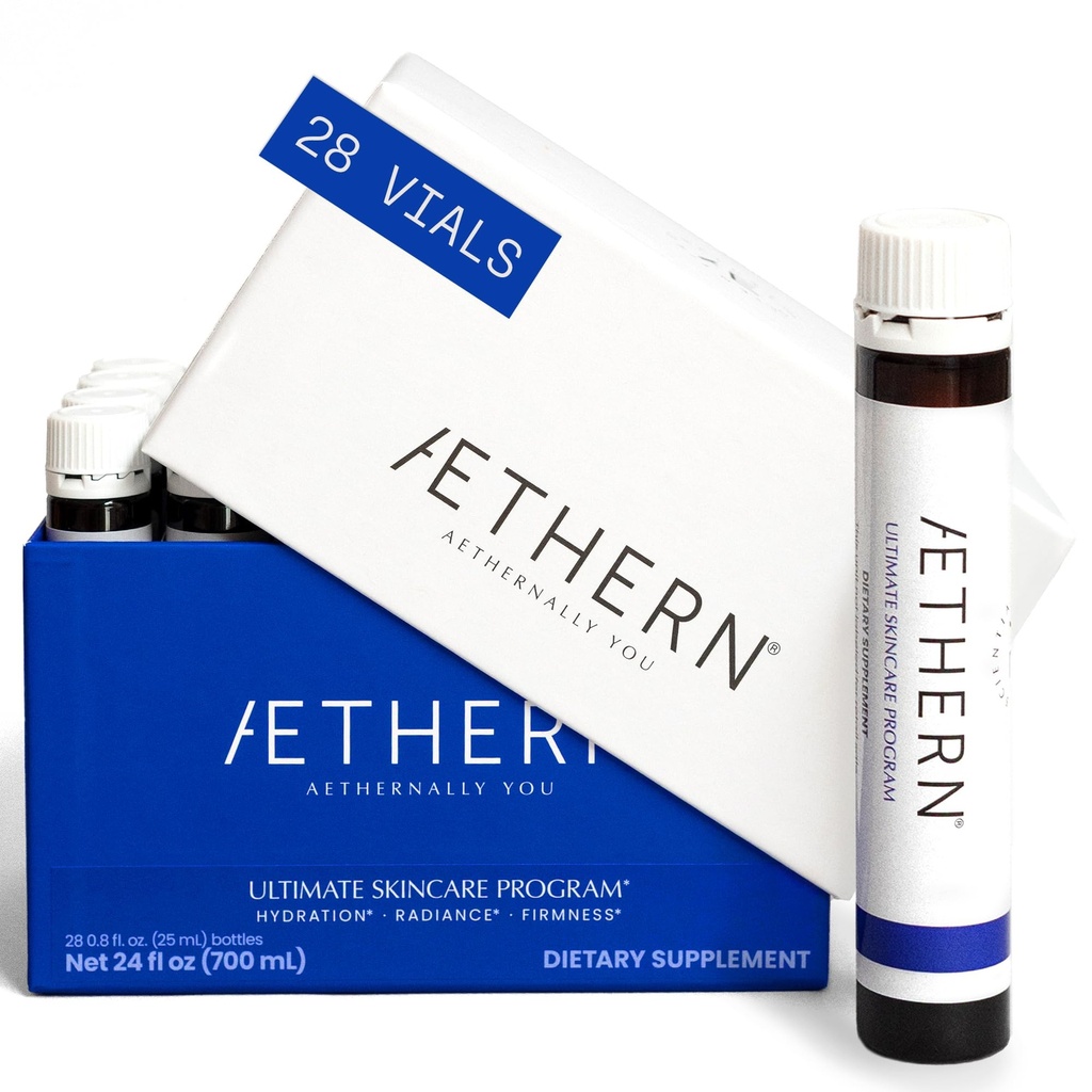 Flydende hudpleje supplement med kollagen + Hyaluronsyre. Drink. Klinisk bevist for glødende, hydreret, og Firm Derma. UV-beskyttelse. 28 Tjenester. Ultimate Skincare Program