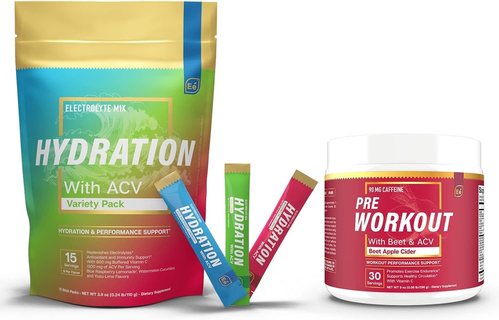 Sugar Free Hydration Powder Packets Variety - 15 Stick Packs & PreWorkout Powder with ACV | Heat, Exercise, Travel, Daily Hydration + Superfood Energy & All-Natural Nitric Oxide Booster Plus Caffeine