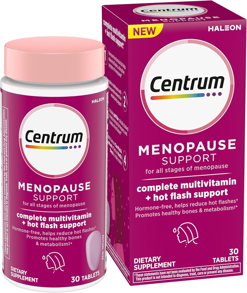 Centrum Complete Multivitamin Supplement + Hot Flash Support Menopause Support Tablets, med Klinisk Studeret genida, 30 Greve