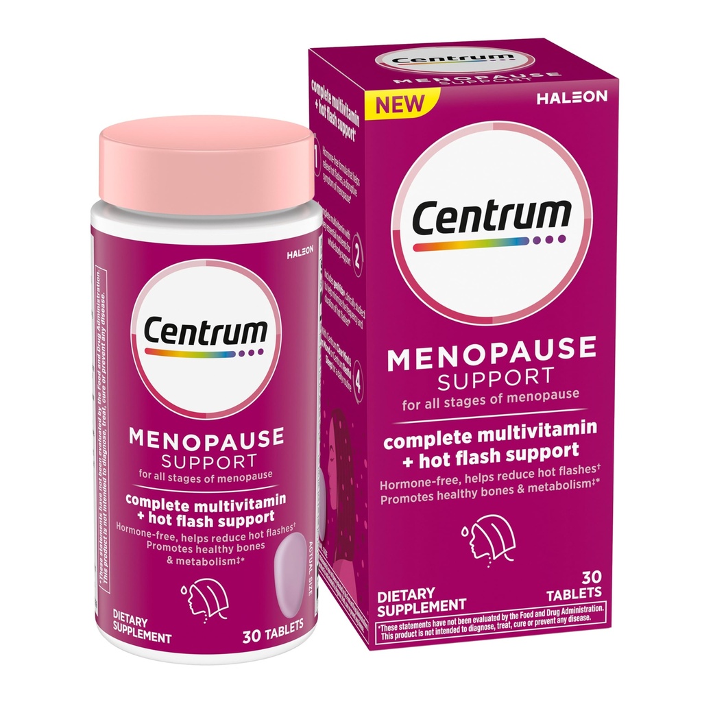 Centrum Complete Multivitamin Supplement + Hot Flash Support Menopause Support Tablets, med Klinisk Studeret genida, 30 Greve