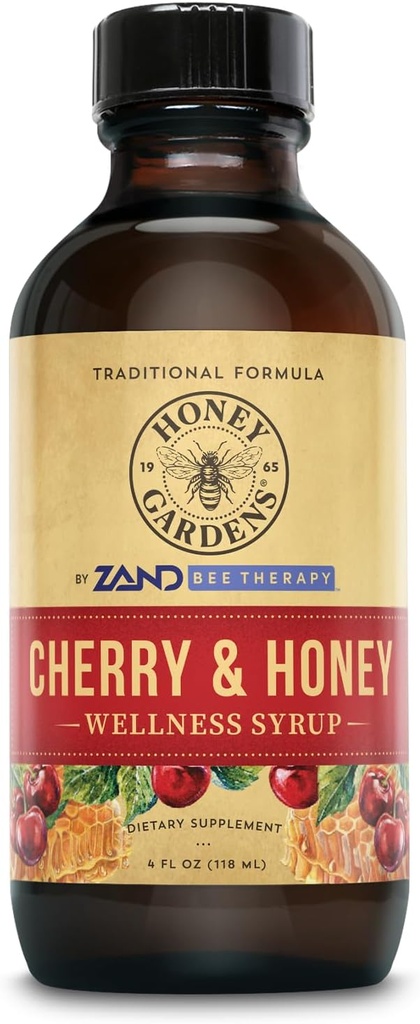 Honey Gardens Cherry & Honey Lindrende Hals Syrup, Apiterapi Formel med Organic Raw Honey, Organic Apple Cider Vincils, Black Cherry, og Herbal Ekstrakter, 24 Servering, 4 FL. OZ.