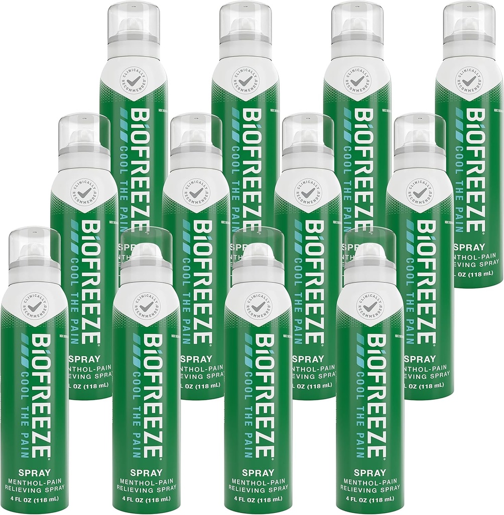 Biofreeze Menthol Pain Lemping Spray 4 FL OZ Colorless Aerosol Spray (Pack of 12) for Pain Relief forbundet med Sore Muskler, Gigt, Simple Backaches, og fælles smerte (Packaging May Vary)
