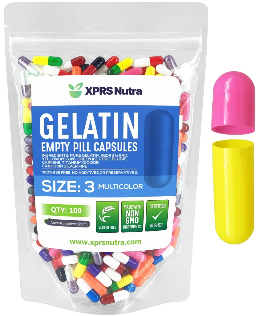 XPRS Nutra Size 3 Empty Capsules - 100 Count Empty Gelatin Capsules - Pills DIY Capsule Filling - Pure Bovine Pill Gel Caps for Do-It-Yourself Supplements (Multi Color)