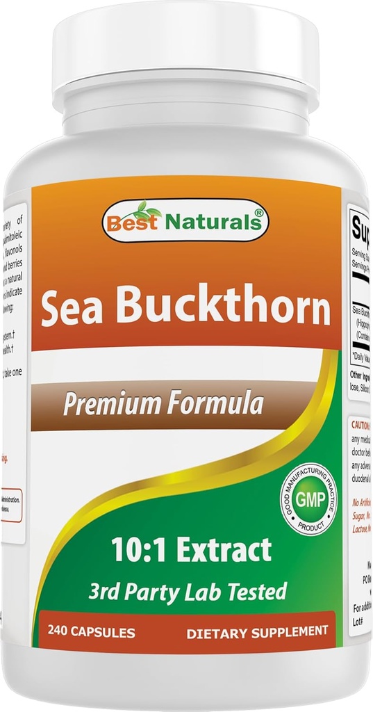 Bedste Naturals Sea Buckthorn Oil Powder Extract 10: 1 500 mg 240 Kapsler - Non-GMO, Gluten Free - Indeholder naturligt Omega- 7 Palmetoleic Acid