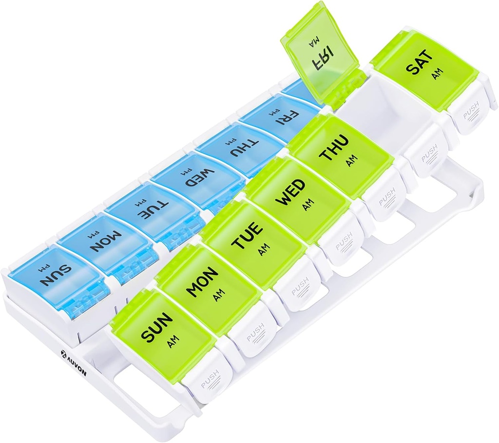 AUVON Weekly Pill Organizer 2 gange en dag Gigt venligt med Spring Open Design, BPA Gratis 7 dag PM Pill Box sag med store separate kompartmenter til at holde 9 Fish Olies, tillæg, Medicin