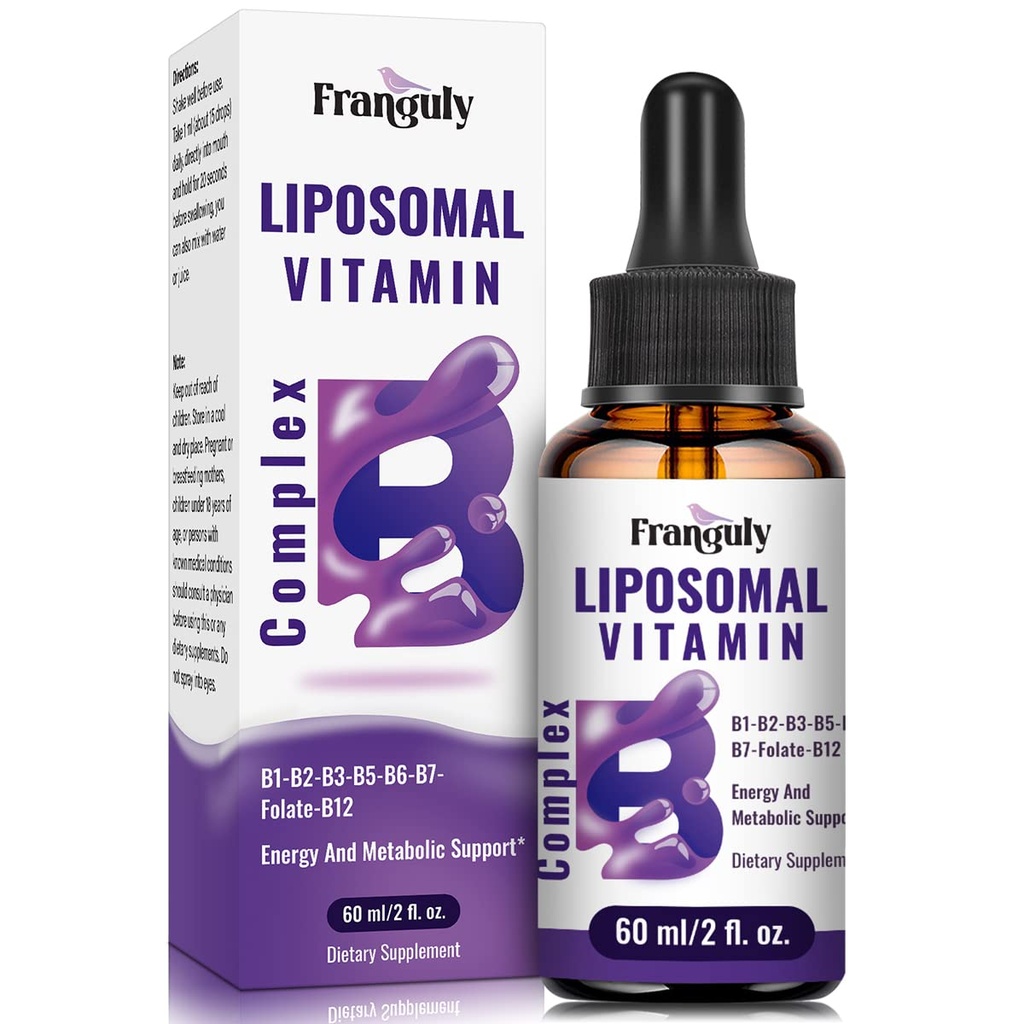 Liposomal vitamin B Complex Liquid Sublingual B Complex Vitaminer supplement til kvinder Mænd Forbedret Absorption Metyleret B12, B1, B2, B3, B5, B6, Folate, Biotin for energi og immunforsvar Support-2.0 oz