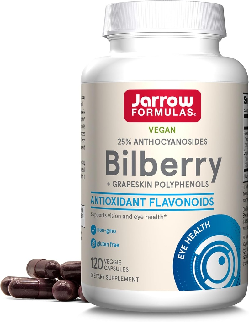 Jarrow Formulas Bilbær & Grapeskin Polyphenoler Kapsler - 120 Greve - Bilbær supplement til øjne - Antioxidant supplement - For øje sundhed - Vegan - Non- GMO